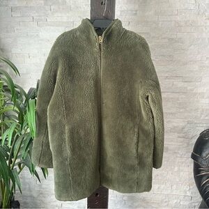 J. Crew Olive Green Plush Zip Up Fleece Jacket Coat Size M